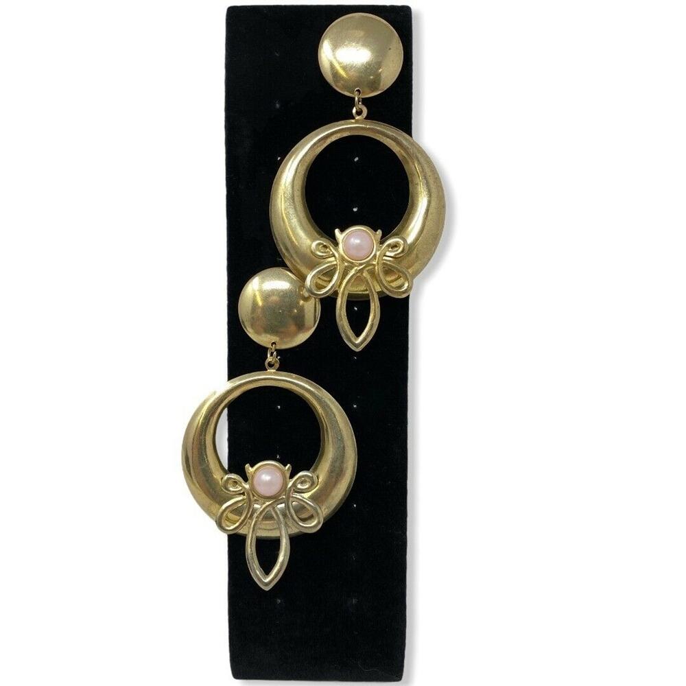 Vintage 80’s Oversized Gold‎ Tone Pierced Dangle Earrings with Faux Pink Stone
